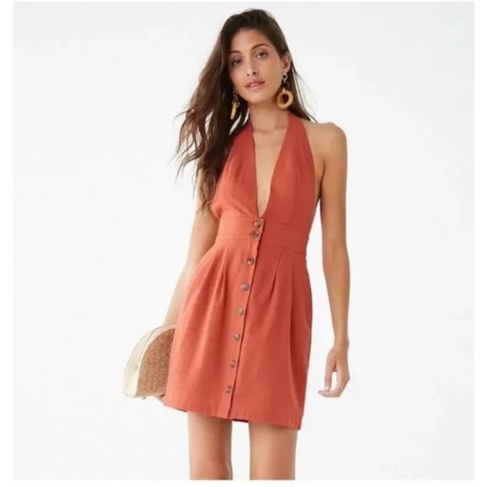 SOLD Linen Halter Neck Button-Down Dress - Rust